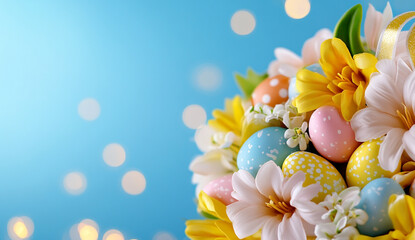 Pastel Yellow and Sky Blue Easter Wreath Background with Twinkling Bokeh Lights