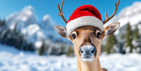 Adorable Reindeer Wearing Santa's Hat in Snowy Winter Scene