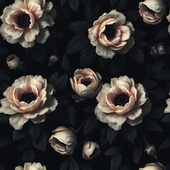 Dark Floral Bloom: A captivating seamless pattern of blush pink anemones nestled amongst dark, moody foliage.  A sophisticated design for textiles, wallpaper, or digital art. 