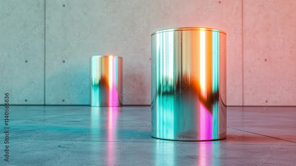 Poster two metallic cylinders reflecting colorful light sit in a minimalist setting, capturing elegance thr