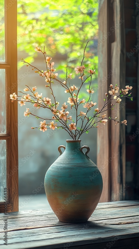 Poster a serene vase with flowering branches by a window, creating a tranquil atmosphere.