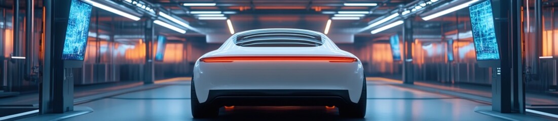 3D rendering, white car on the highway of futuristic high-tech data center