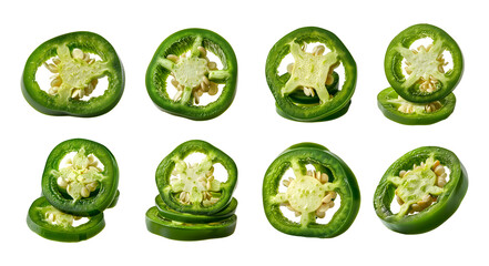 Fresh Jalapeno Peppers Sliced, Stack, Front View isolated on white background cut-out Png File for...