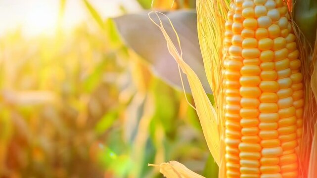 Corn cobs in corn plantation field. Big Yellow Corn Cob. Green cornfield ready for harvest, late afternoon light, sunset. cornfield at harvest. Low Angle View of a Row Of Young Corn Stalks. Sweetcorn