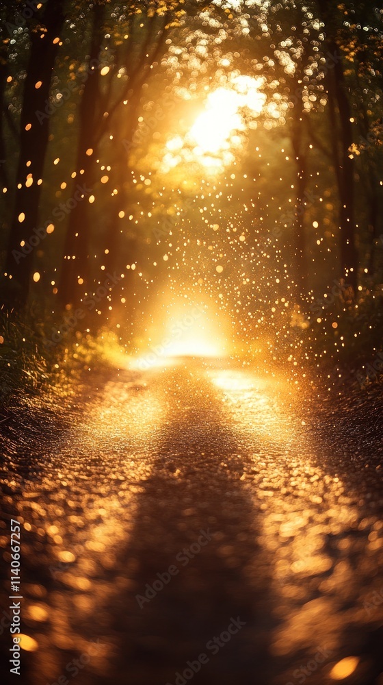 Poster a sunlit forest path illuminated by golden light, creating a serene and magical atmosphere.