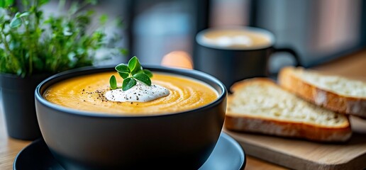 Creamy pumpkin soup in black bowl with bread.