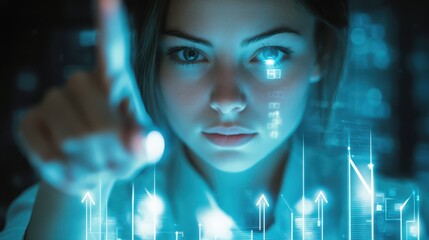 Businesswoman Pointing at Futuristic Bar Chart with Data Visualization in Modern Workspace