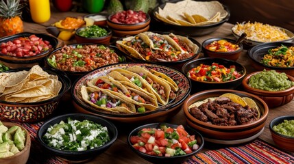Fototapeta premium Colorful Display of Traditional Mexican Tacos and Accompaniments