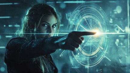 Businesswoman Pointing at Glowing Arrow with High-Tech Interface in Futuristic Environment