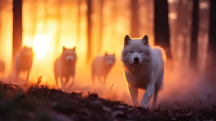 A pack of white wolves emerges through the misty forest at sunrise, creating a powerful and mysterious atmosphere with the warm glow of the morning sun.