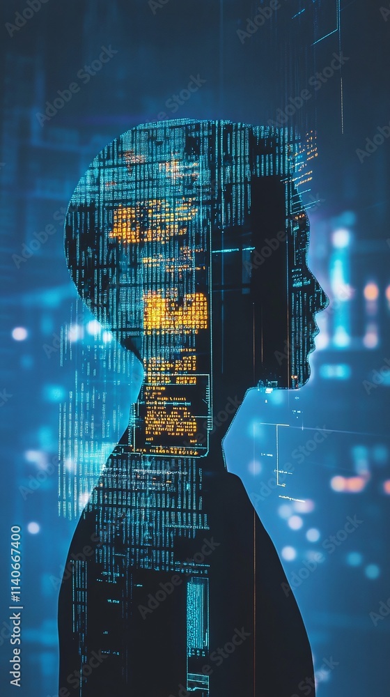 Poster futuristic interpretation of a digitalized state with holograms and ai systems