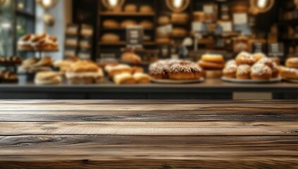 Empty wooden table top with a blurred background of a bakery shop interior, for product display montage