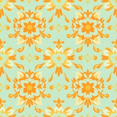 Orange and Mint Damask Seamless Pattern 