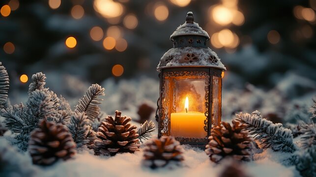 A glowing lantern surrounded by pinecones and sprigs of evergreen in the snow.