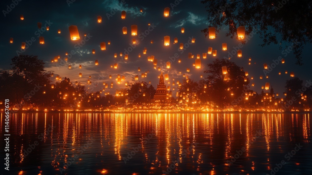 Poster a serene night scene with floating lanterns illuminating a tranquil lake and temple backdrop.