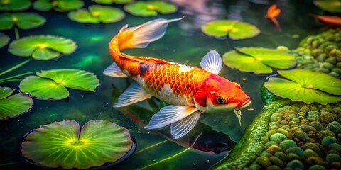 Serene Koi Pond: Lily Pad Portrait Photography, Aquatic Life, Japanese Garden, Fish Portrait