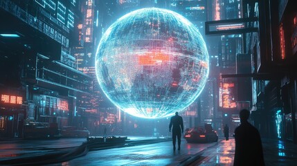 Obraz premium A global trade network rendered as a holographic sphere, glowing data streams, futuristic digital style, sleek, high-tech color scheme