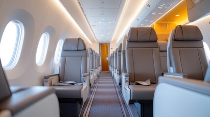 An interior view of an airplane cabin focusing on spacious, modern luxury seats with grey upholstery, ample legroom, and gentle lighting for a comfortable journey.