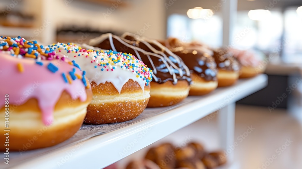 Poster a close-up image of a variety of delicious donuts with colorful frosting and sprinkles, neatly arran
