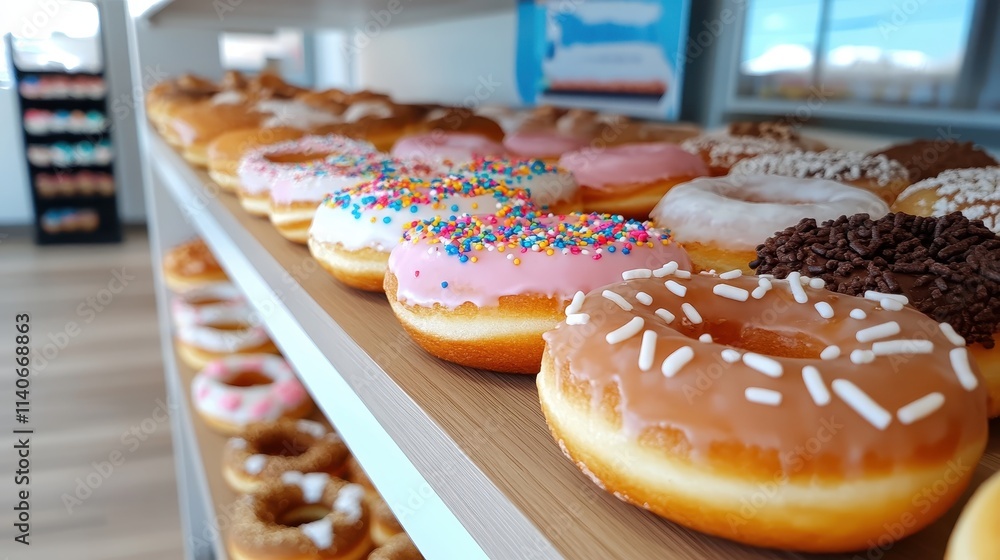 Poster a tantalizing display of freshly baked donuts on a shelf, featuring different frostings and toppings