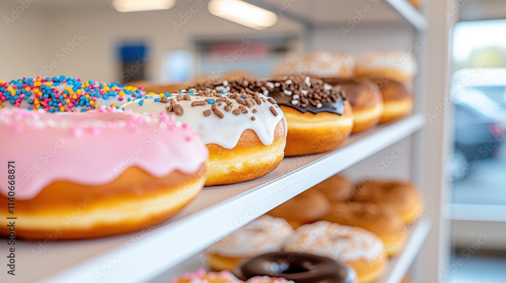Poster a focused image of assorted donuts with a range of toppings including chocolate sprinkles and pink f