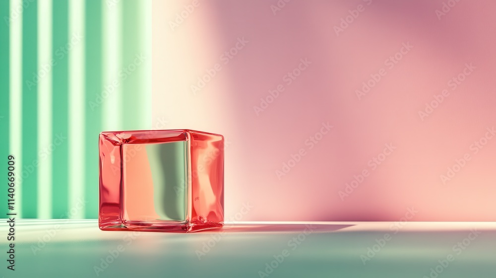 Poster a red glass cube sits on a surface casting vibrant green shadows against a soft pink background, cre