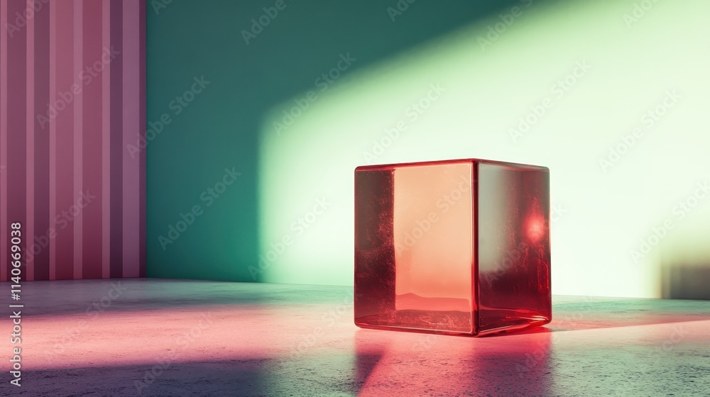 Poster a red translucent cube sits on a textured surface bathed in colorful light and shadows, offering an 