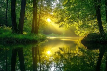 Fototapeta premium Calm forest river, sunlight filtering through trees, serene water reflection, Generative AI