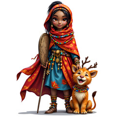 Obraz premium A young girl embodying nature s spirit with her playful companion in vibrant traditional attire, digital art of character design concept.