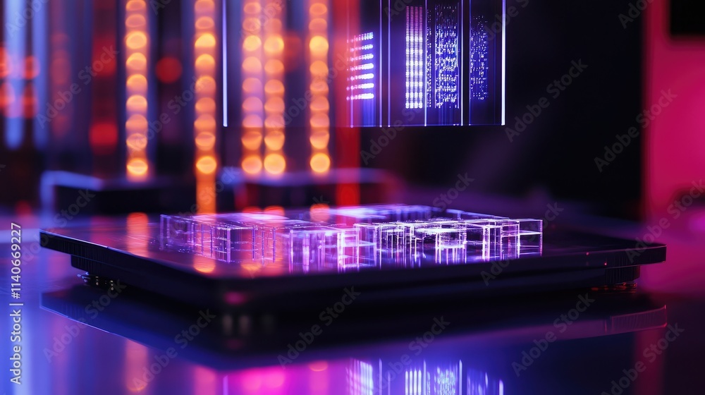 Poster a prototype microchip on a reflective platform, with holographic projections of its detailed design 