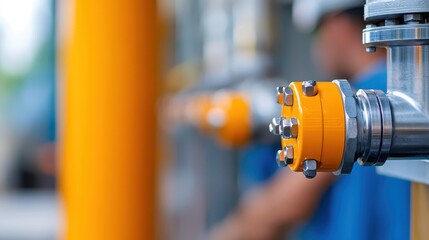 Fototapeta premium A vibrant mechanical structure adorned with bolts and yellow elements, embodying industrial aesthetics and innovation for engineering and technology enthusiasts.