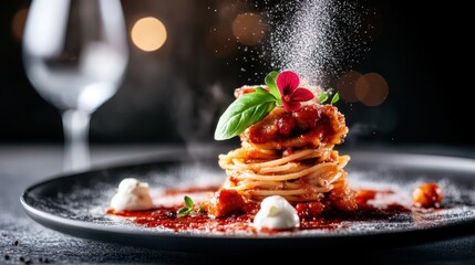 A beautifully presented dish of spaghetti topped with a tomato-based sauce, garnished with fresh basil leaves and elegant edible flowers, sprinkled with cheese.