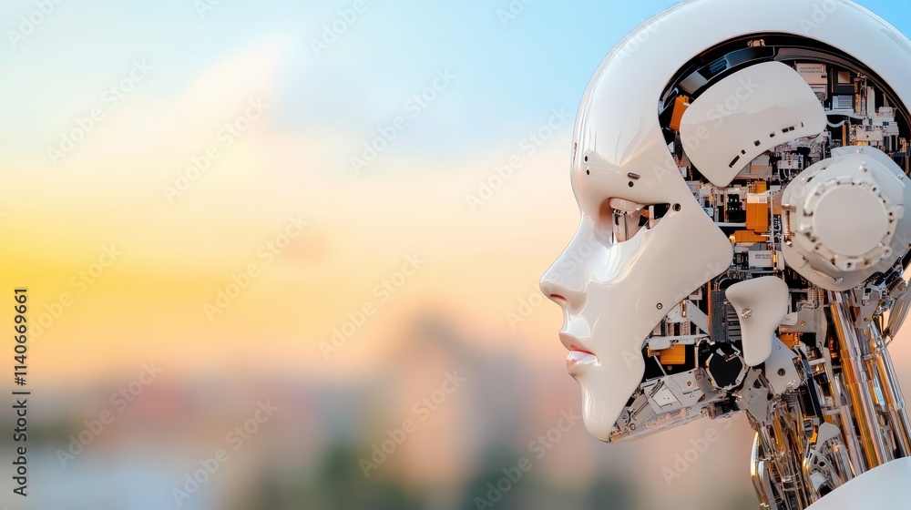 Poster a humanoid robot with a sleek, futuristic design and visible internal components gazes into the dist