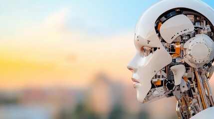 A humanoid robot with a sleek, futuristic design and visible internal components gazes into the distance, embodying advanced technology and innovation.