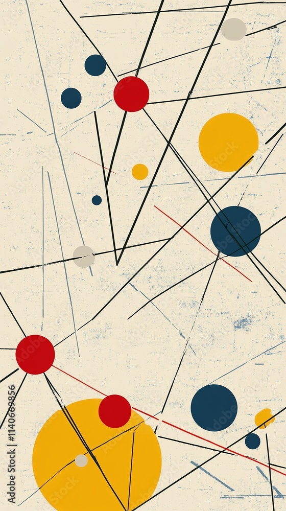 Poster pattern of abstract geometric lines and dots in bold primary colors