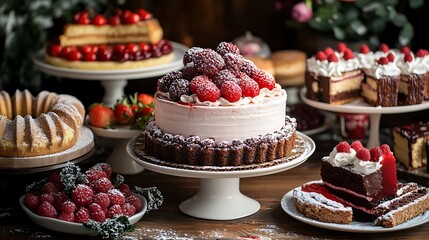 Delicious cakes and cappuccino for breakfast on a table in a big cafe