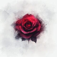 Dark Red Rose in Watercolor Mist