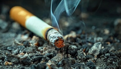 Close-up of a Lit Cigarette with Smoke Rising from Its Ash Covered Tip, Symbolizing Smoking Addiction, Unhealthy Habits, Pollution, and Health Risks with Focus on Burnt Tobacco and Ash Residue
