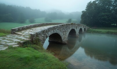 Old stone bridge over river, misty morning view, serene historical landscape, Generative AI