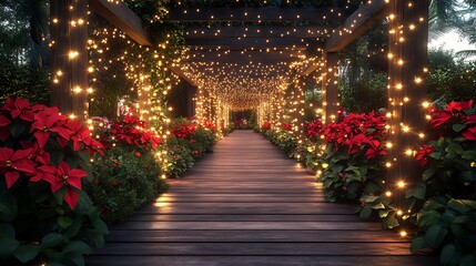A rustic wooden walkway glowing with soft golden lights, framed by lush holiday greenery and vibrant poinsettias, gentle shadows creating depth, twinkling fairy lights enhancing the festive charm,