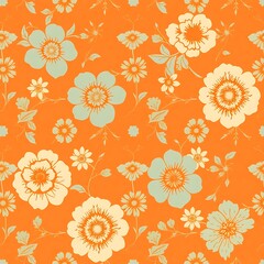 Orange Floral Pattern:  A vibrant, retro-inspired seamless pattern featuring delicate blue and cream flowers on a warm orange background. Perfect for adding a touch of vintage charm to your designs. 
