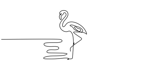 Flamingo bird in continuous one line art drawing. Vector illustration isolated. Minimalist design handdrawn, Continuous line drawing of flamingo bird. One line of flamingo bird. Exsotic bird concept. © line draw