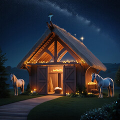 Wooden Stable at Dark Blue Starry Night, Jesus Christ Birth Concept.