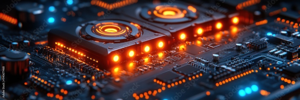Poster close-up of a circuit board with glowing components, illustrating advanced technology.