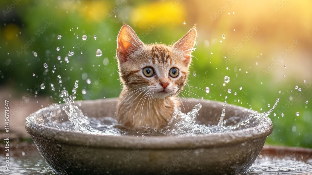 Poster kitten playing in water with splashes and sunlit background