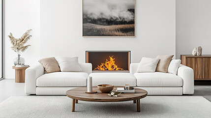 Fototapeta premium Modern Living Room with Fireplace and White Sofas