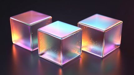 Three iridescent glass cubes on dark background.