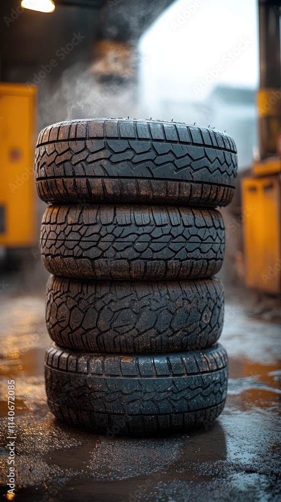 Poster a stack of four worn tires in a workshop setting with a misty background.