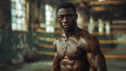 Cinematic shot of a professional young muscular shirtless african man is practicing shadow boxing work out in a gym with ring.