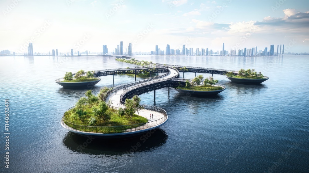 Poster floating bridge that uses electromagnetic propulsion to move across a vast expanse, connecting two i